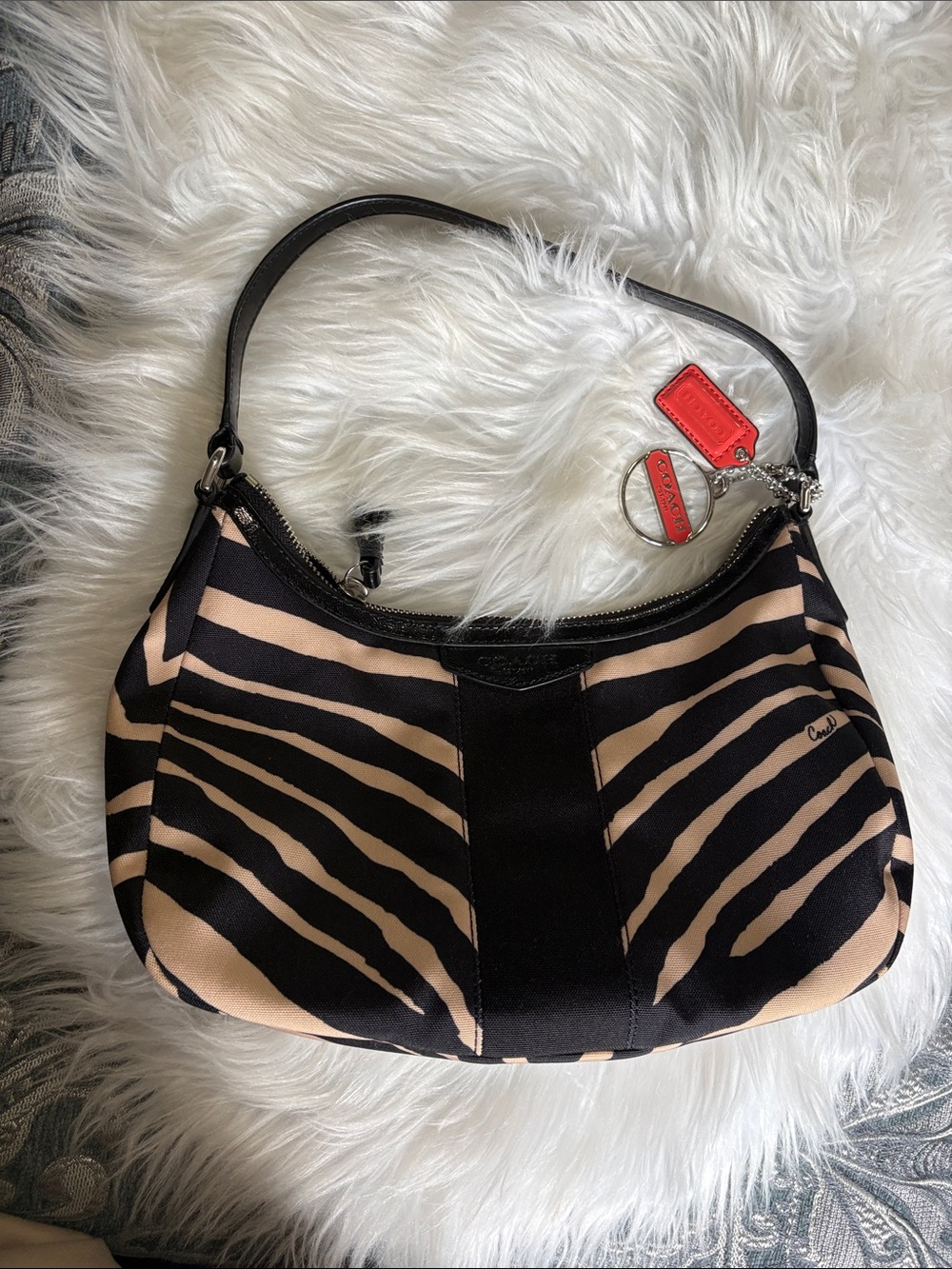 Coach Black and Tan Zebra-Stripe Shoulder/Crossbody  Bag with Red Tags